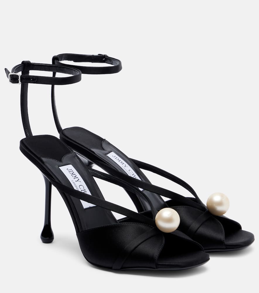 Jimmy Choo Satin Sandals With Pearl Embellishment And Strappy Design In Multi