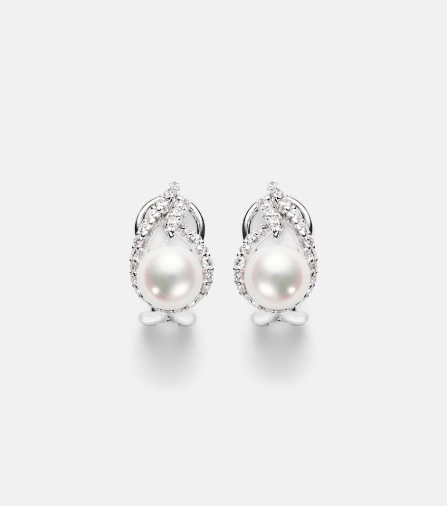 Mikimoto 18kt White Gold Earrings With Pearls And Diamonds In Silver