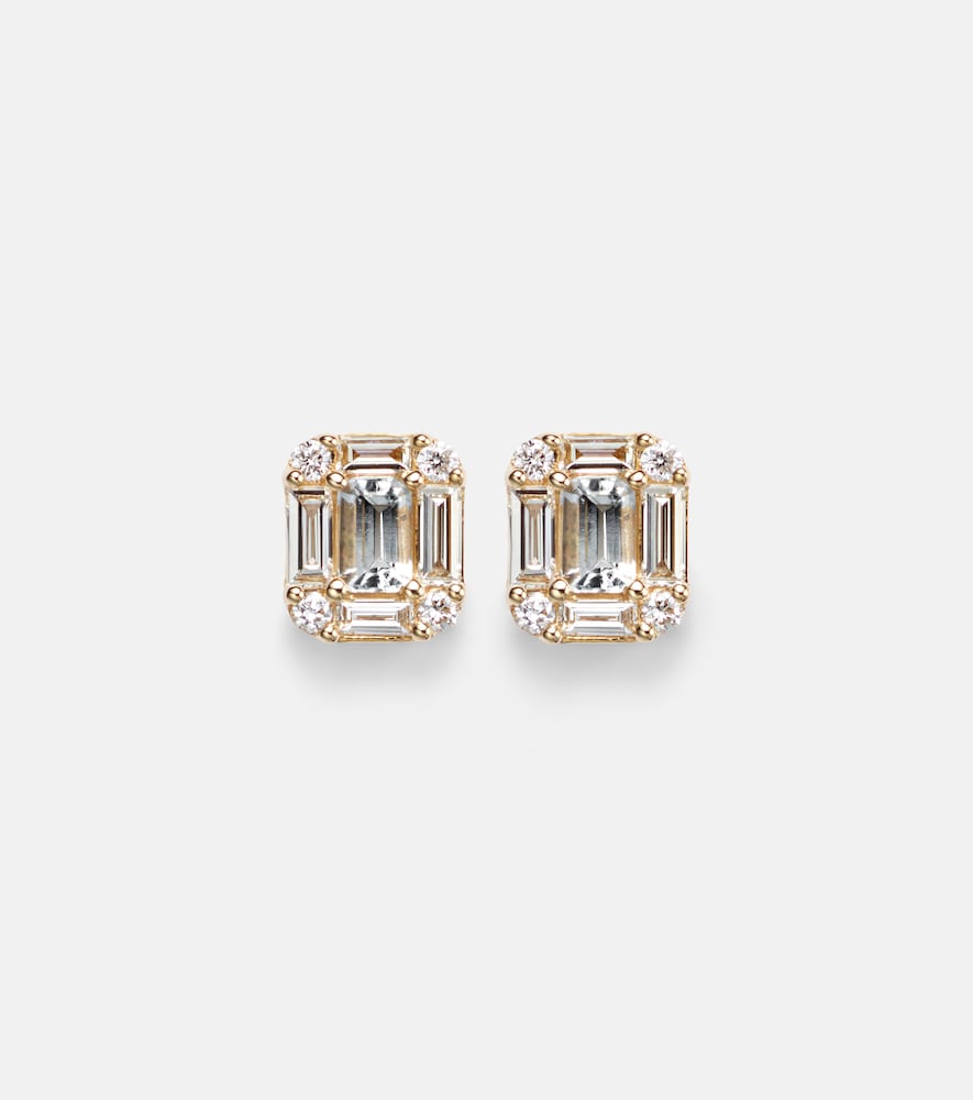 Stone and Strand Shield Of Strength 14kt gold earrings with diamonds and aquamarine