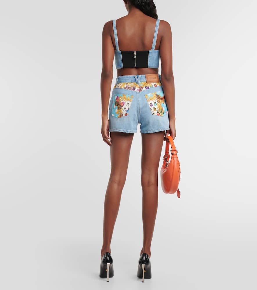 Shop Versace Printed Denim Shorts In Blue