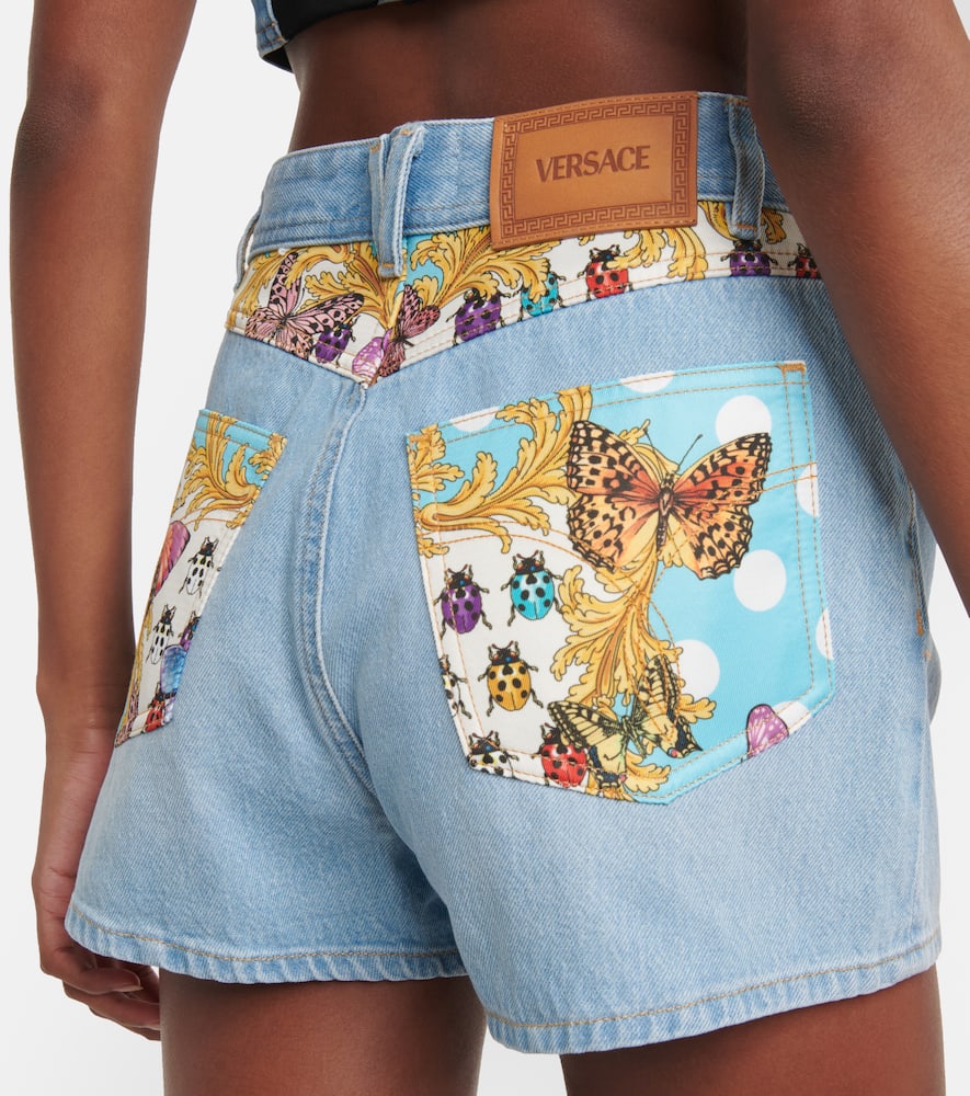 Shop Versace Printed Denim Shorts In Blue