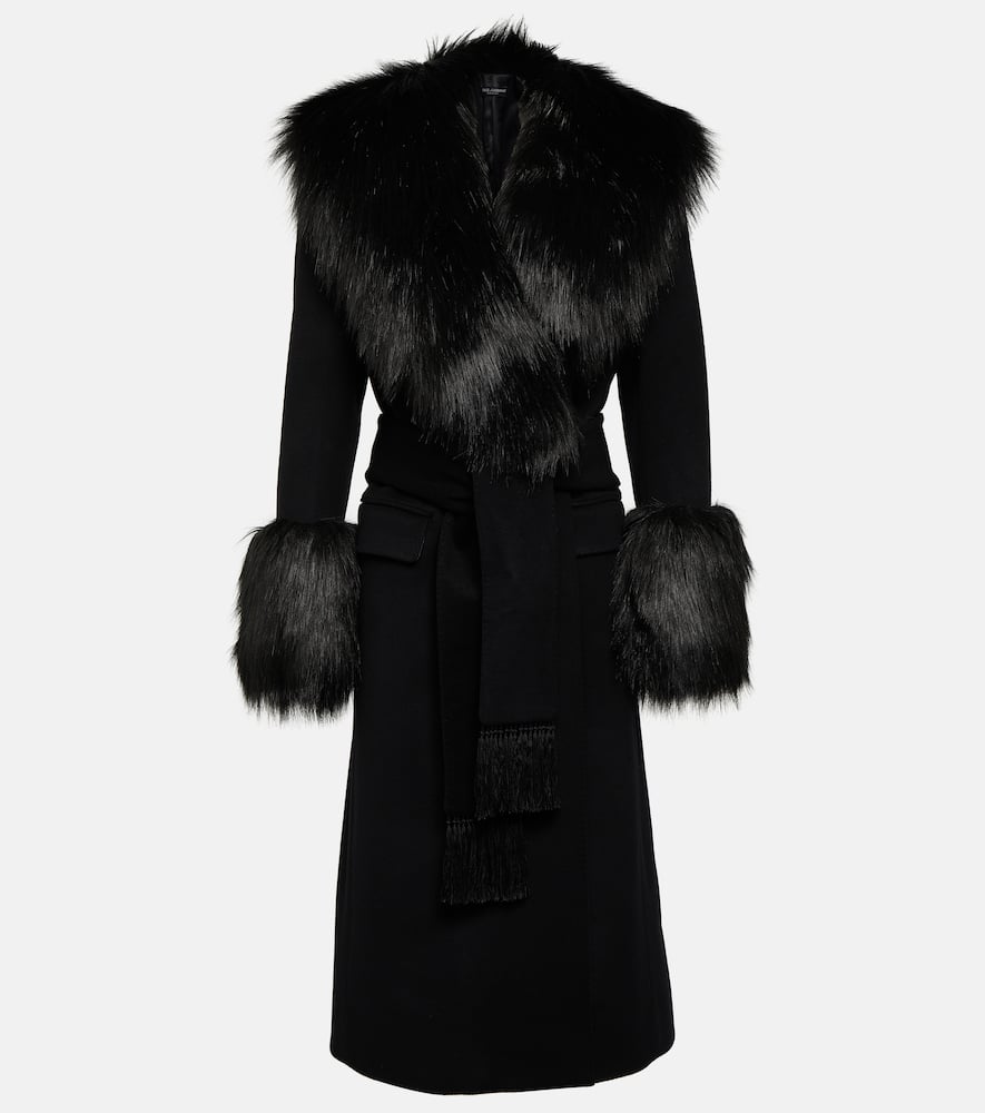 Dolce & Gabbana Faux Fur-trimmed Wool And Cashmere Coat In Black