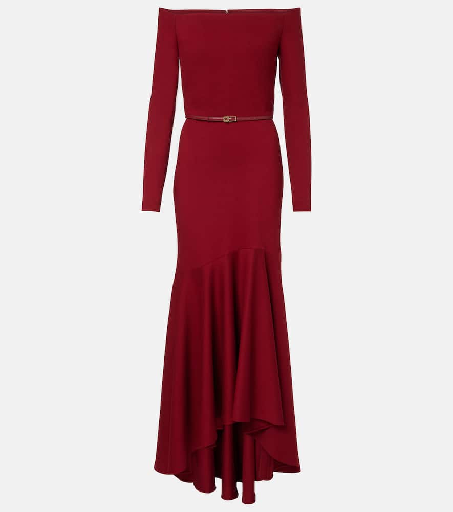 Elie Saab Belted Off-shoulder Jersey Gown In Red