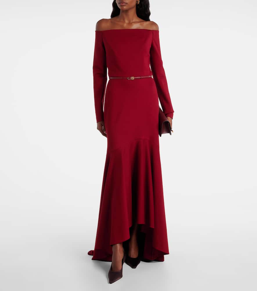 Elie Saab Belted Off-shoulder Jersey Gown In Red