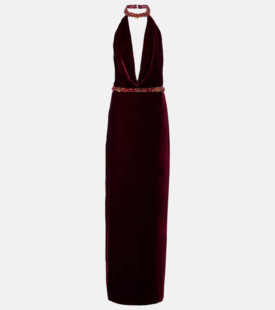 Costarellos Draped Embellished Halterneck Velvet Gown In Burgundy