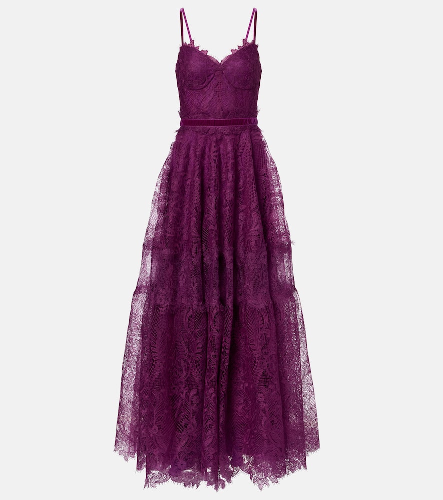 Costarellos Belted Lace Gown In Purple