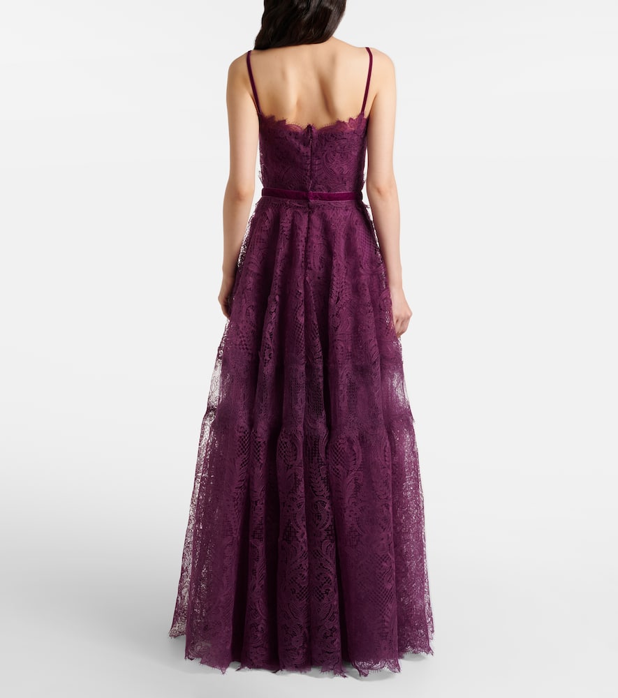 Costarellos Belted Lace Gown In Purple