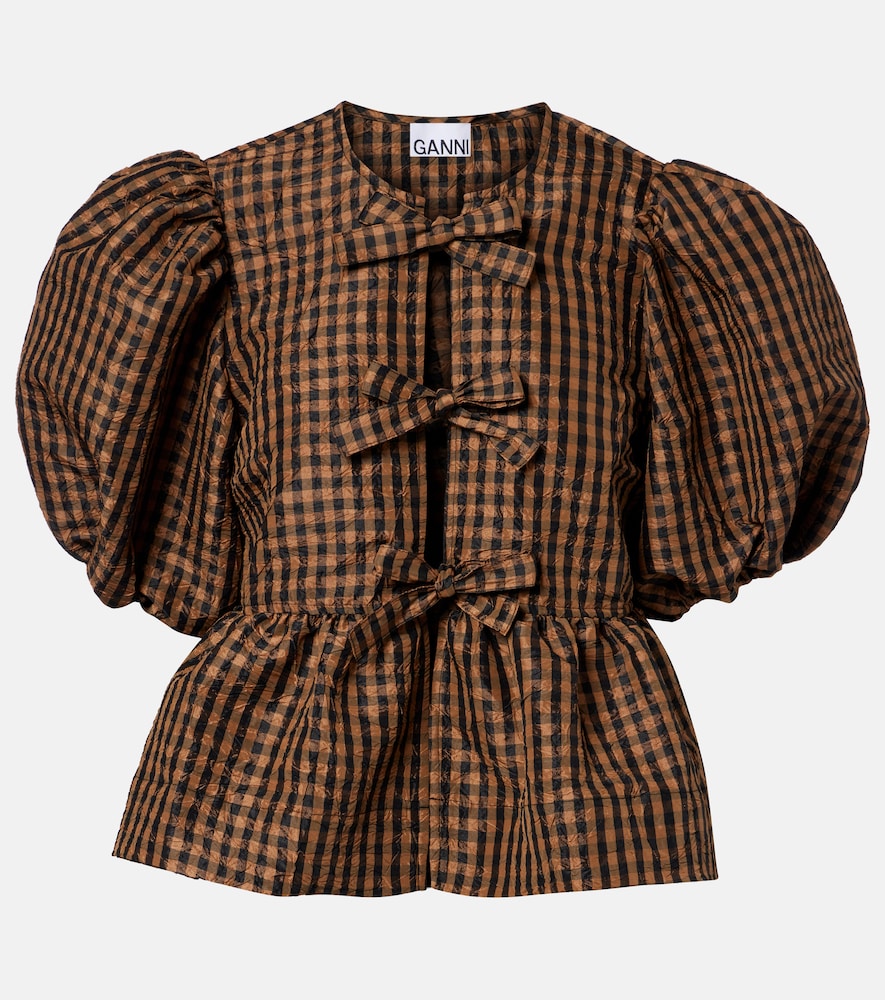 Ganni Women's Brown Bow-Detail Checked Peplum Blouse UK Size 10 - Mytheresa