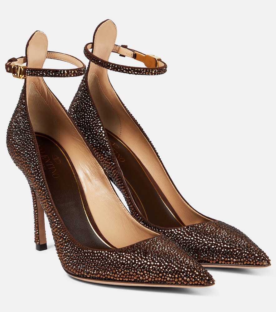 Valentino Tan-go Embellished Leather Pumps In Brown