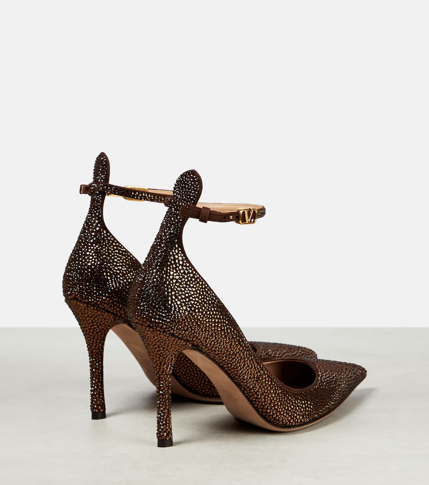 Valentino Tan-go Embellished Leather Pumps In Brown