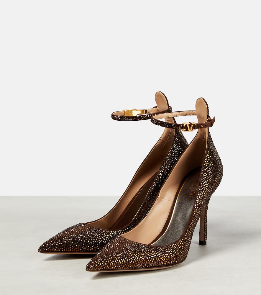Valentino Tan-go Embellished Leather Pumps In Brown