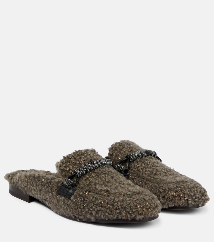 Brunello Cucinelli Embellished Shearling Slippers In Brown