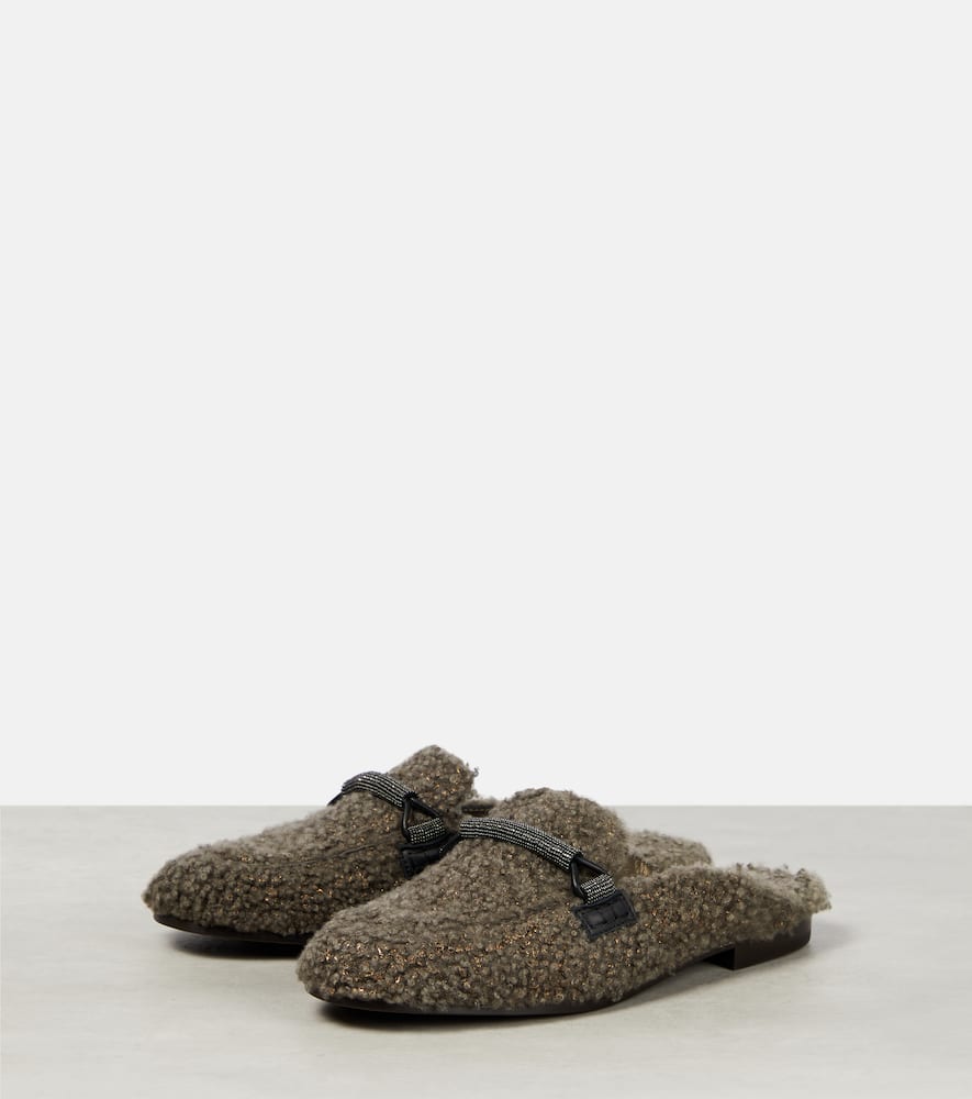 Shop Brunello Cucinelli Embellished Shearling Slippers In Brown