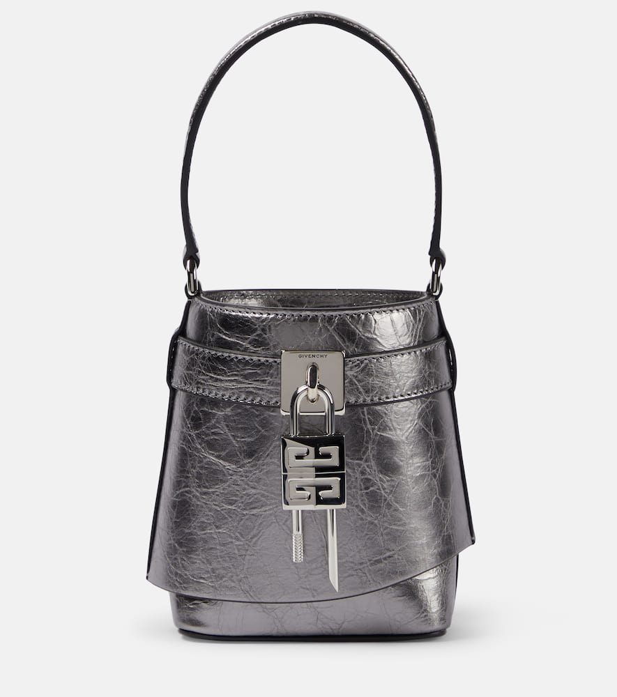 Givenchy Shark Lock Micro Metallic Leather Bucket Bag In Silver