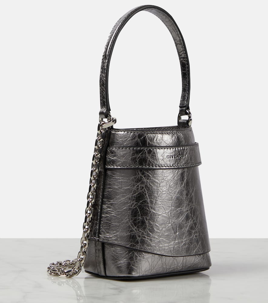 Givenchy Shark Lock Micro Metallic Leather Bucket Bag In Silver