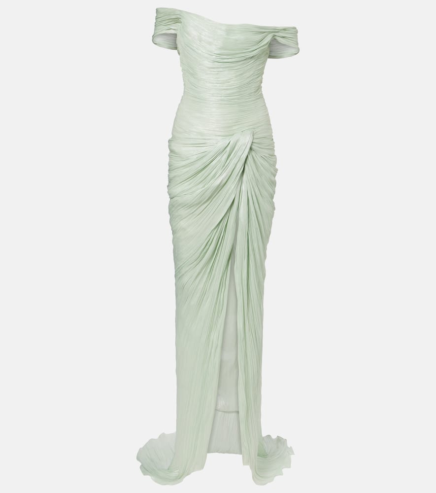 Marmar Halim Asymmetric Off-shoulder Bustier Gown In Green