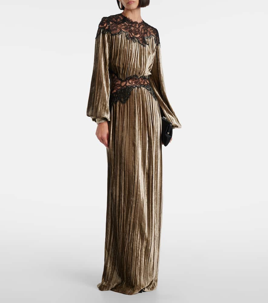 Costarellos Senna Lace-detail Pleated Maxi Dress In Brown