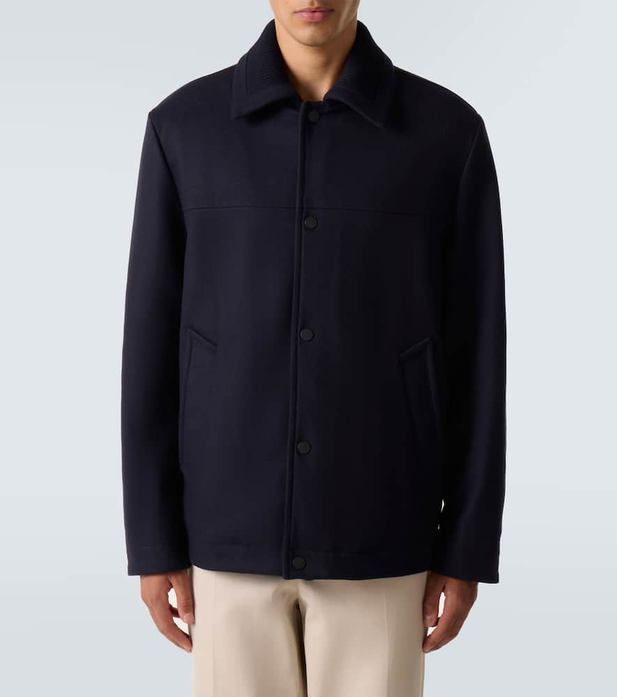 Moncler Emilion Wool Blend Hooded Short Down Jacket In Blue