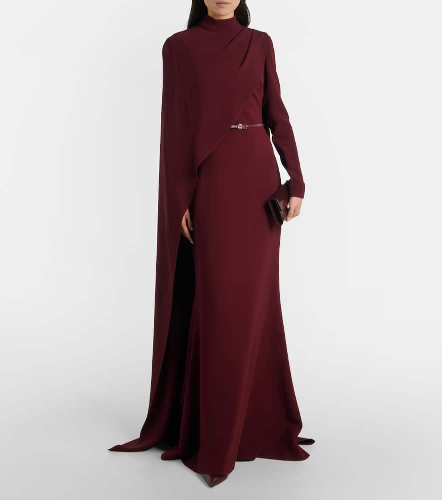 Elie Saab Cape-detail Belted Gown In Burgundy