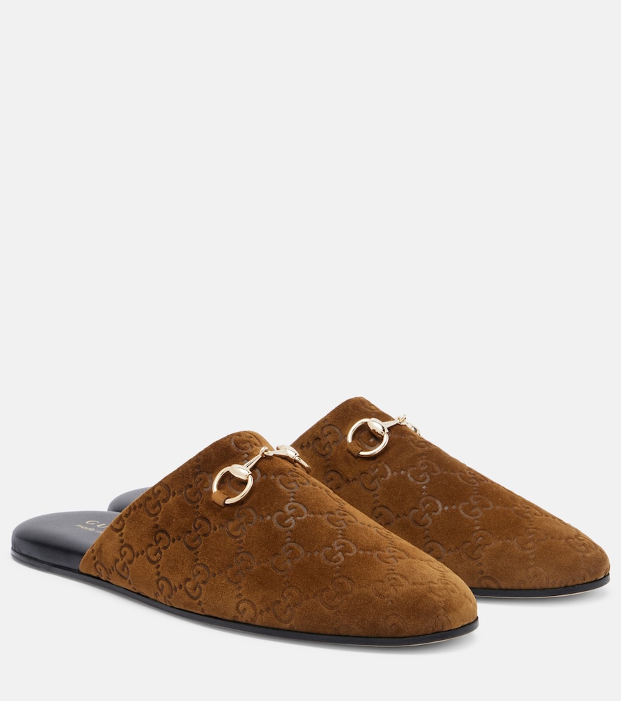 Gucci Annette Suede Slides In Brown