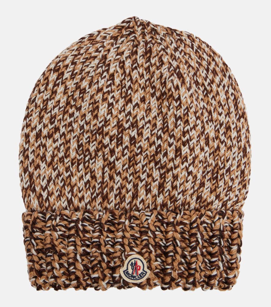Moncler Logo Patch Rib Wool Beanie In Brown