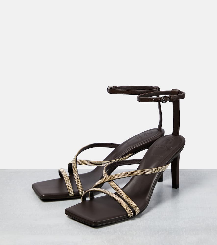 Shop Brunello Cucinelli Embellished Leather Sandals In Dark Brown