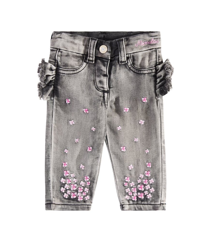 Monnalisa Baby embroidered ruffled jeans