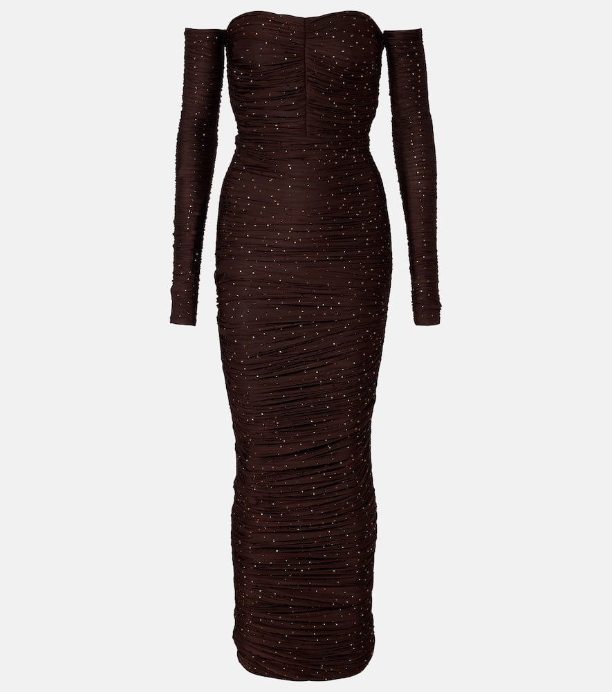 Alex Perry Ruched Off-shoulder Embellished Jersey Gown In Brown