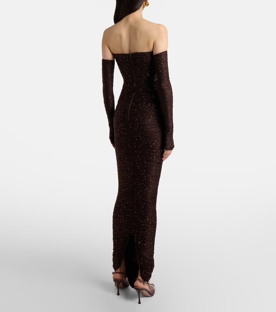 Alex Perry Ruched Off-shoulder Embellished Jersey Gown In Brown