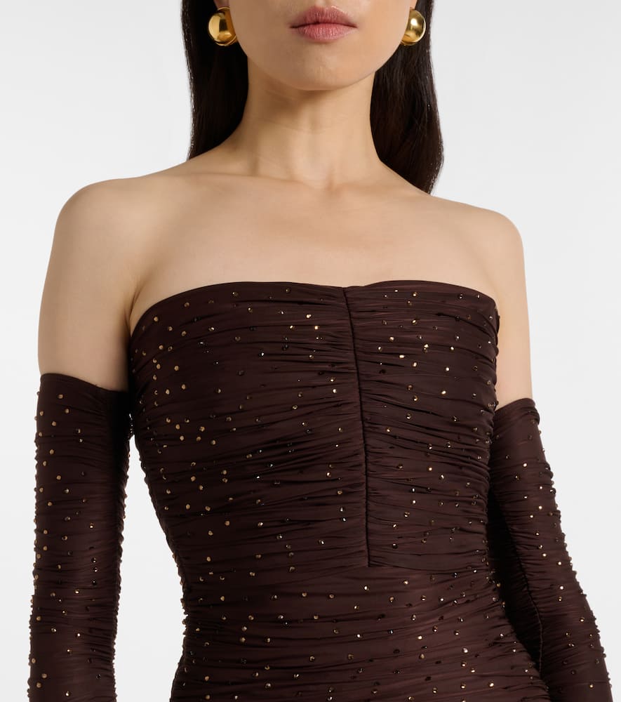 Alex Perry Ruched Off-shoulder Embellished Jersey Gown In Brown