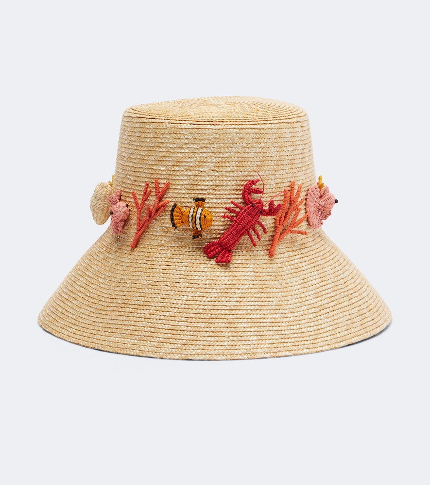 Aquazzura Embellished Raffia Bucket Hat In Sand