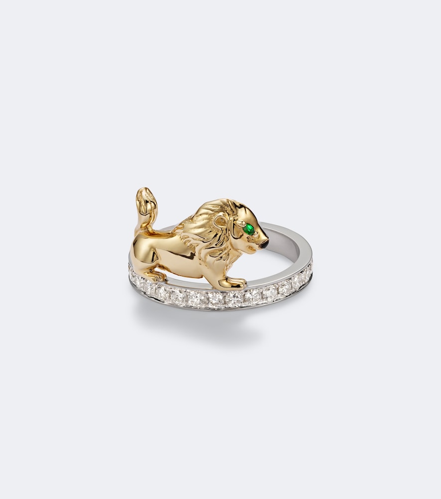Yvonne Léon Ring Alliance Lion aus 9kt Gelb- und Weißgold mit Diamanten, Tsavorit und Onyx