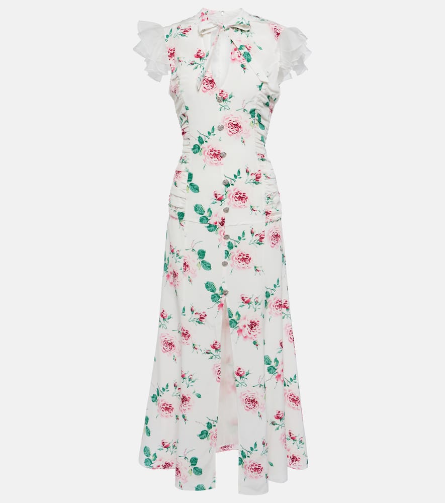 Alessandra Rich Bow-detailed Embellished Organza-trimmed Floral-print Silk Midi Dress In White