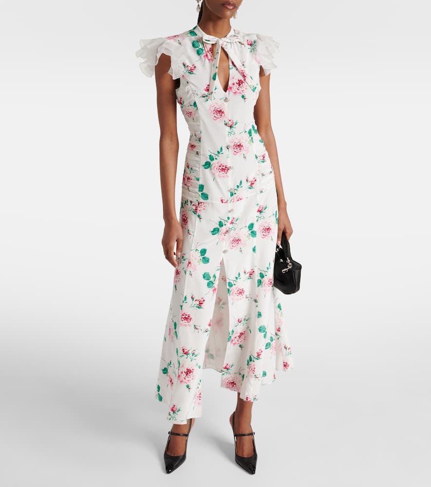 Alessandra Rich Bow-detailed Embellished Organza-trimmed Floral-print Silk Midi Dress In White