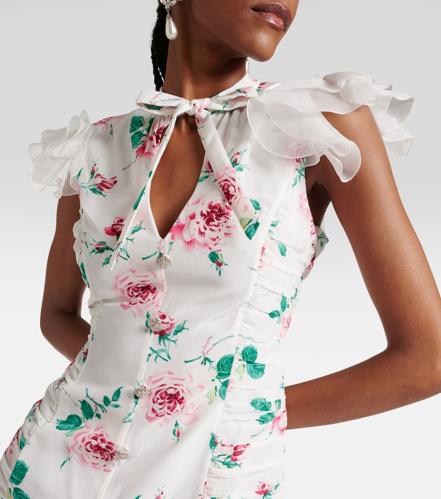 Alessandra Rich Bow-detailed Embellished Organza-trimmed Floral-print Silk Midi Dress In White