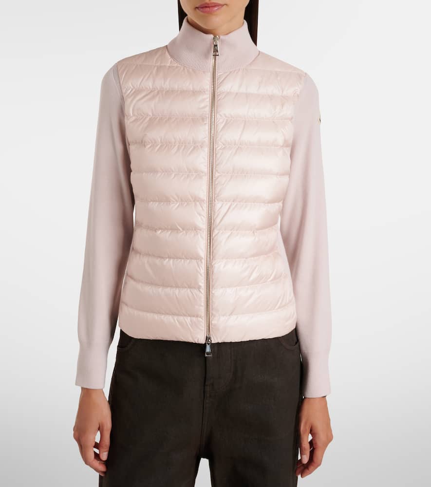 Moncler Down-paneled Virgin Wool Cardigan In Pink