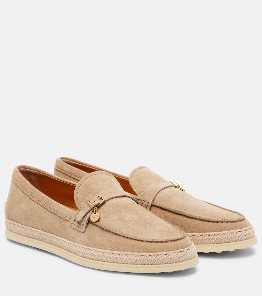 Raffia-trimmed suede loafers