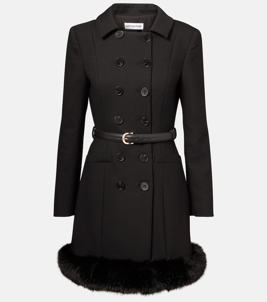 Self-portrait Belted Faux Fur-trimmed Minidress In Black