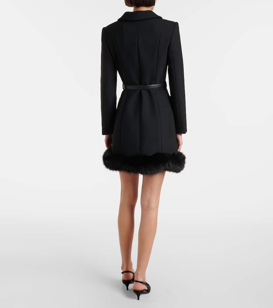 Self-portrait Belted Faux Fur-trimmed Minidress In Black