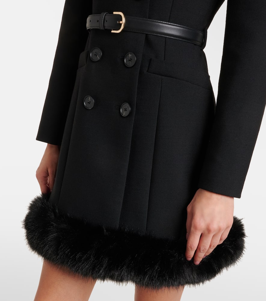 Self-portrait Belted Faux Fur-trimmed Minidress In Black