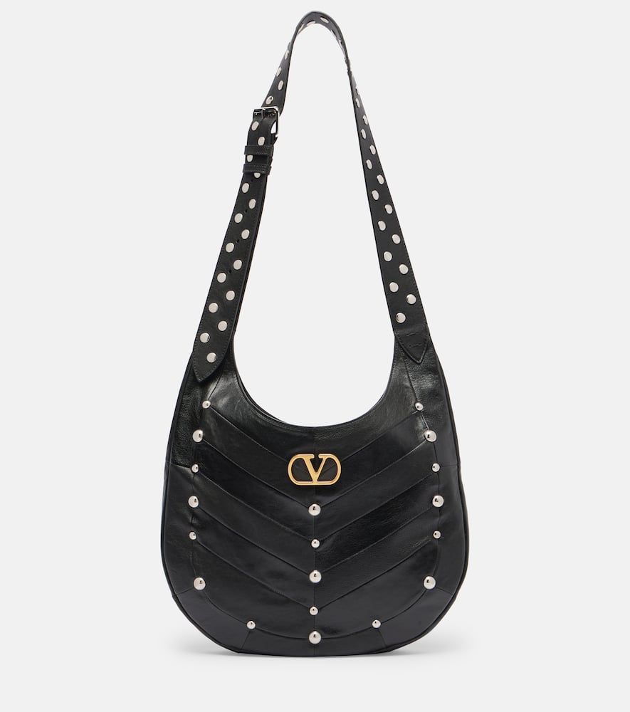 Valentino Garavani Hoboho Hobo Bag In Chevron-patterned Nappa Leather With Studs In Black