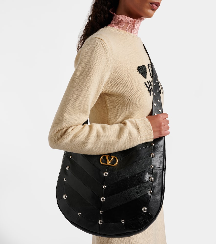 Valentino Garavani Hoboho Hobo Bag In Chevron-patterned Nappa Leather With Studs In Black