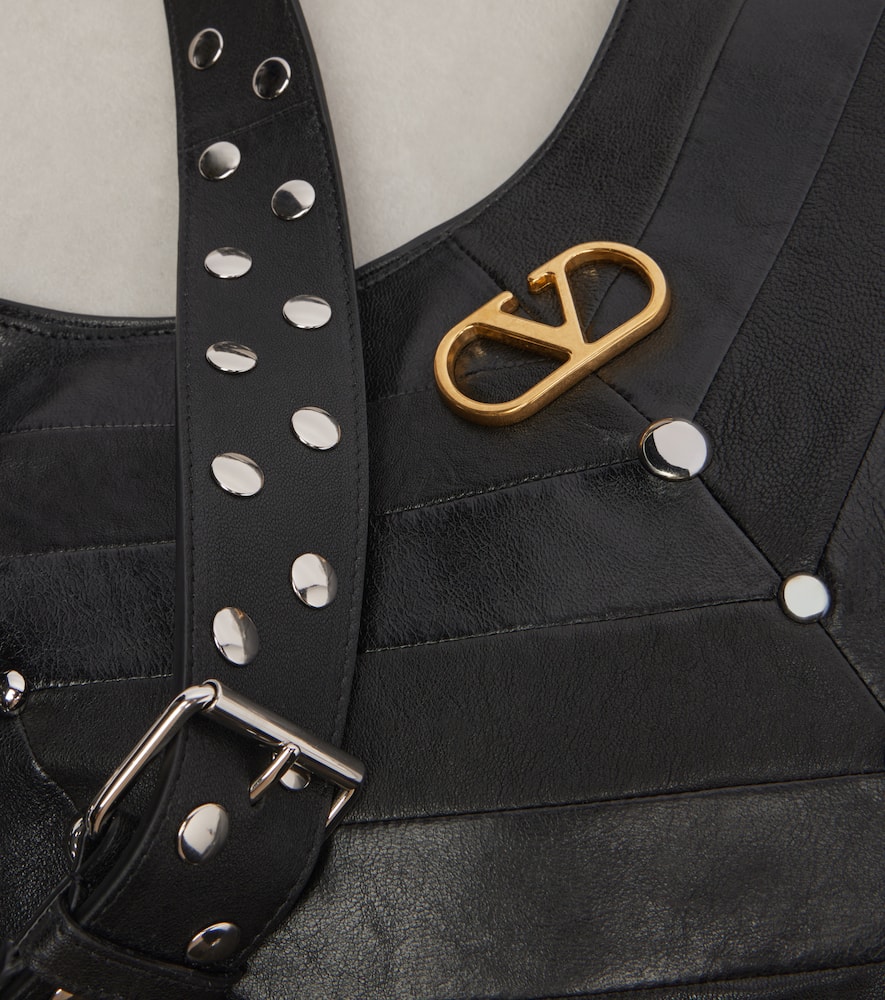 Valentino Garavani Hoboho Hobo Bag In Chevron-patterned Nappa Leather With Studs In Black