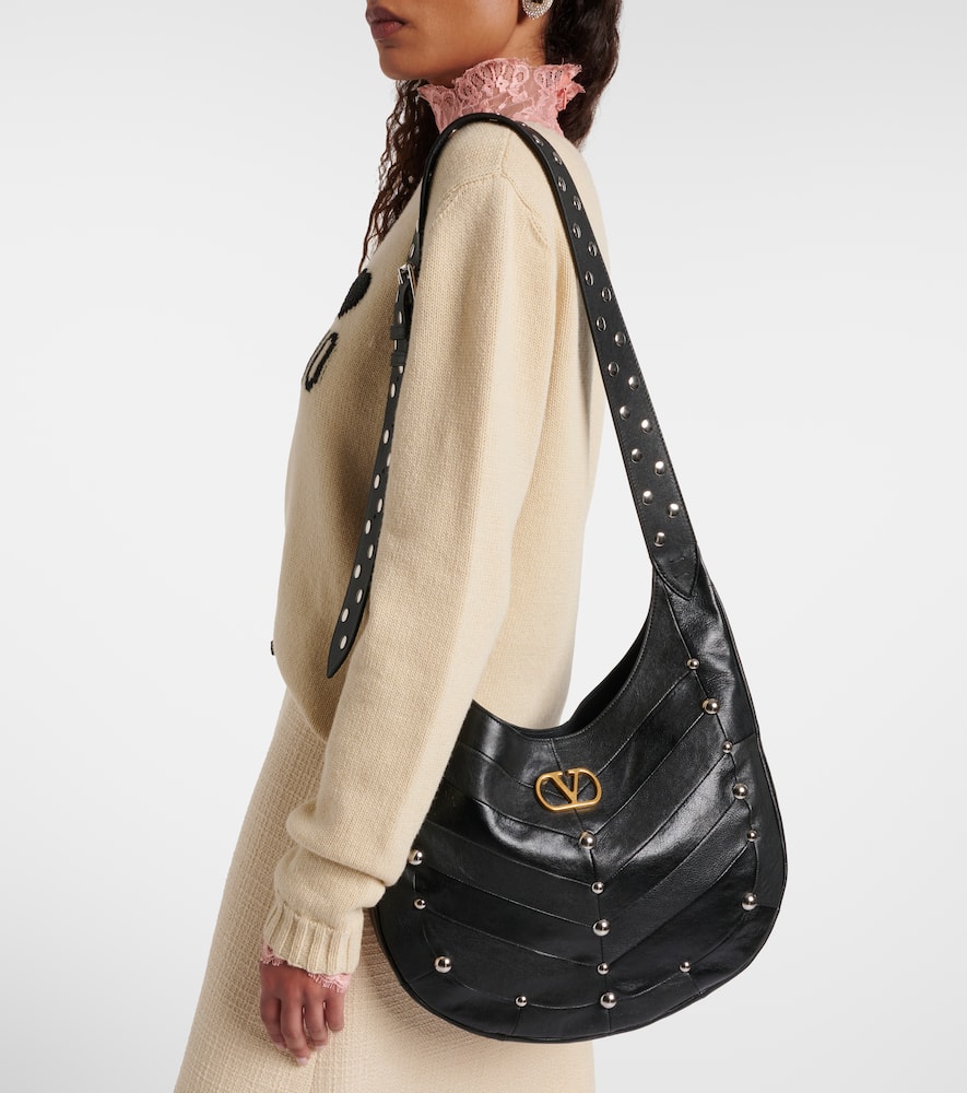 Valentino Garavani Hoboho Hobo Bag In Chevron-patterned Nappa Leather With Studs In Black