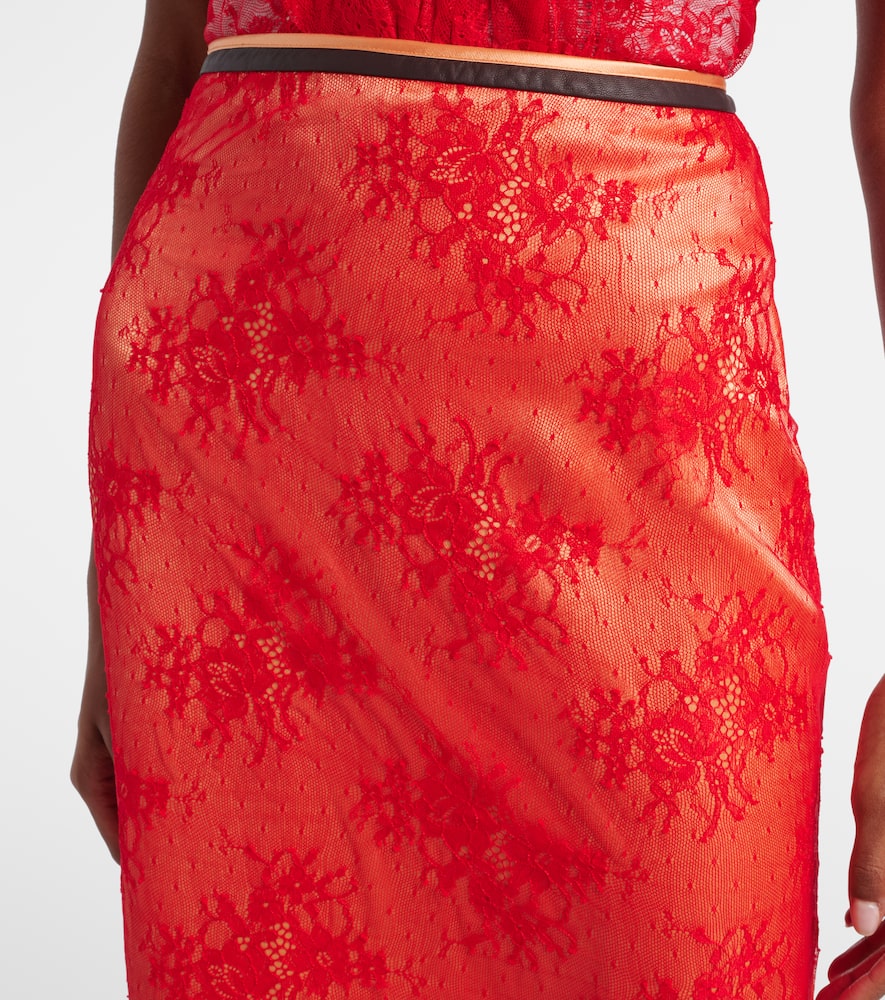 Jacques Wei Embroidered Leather-trimmed Lace Midi Skirt In Multi