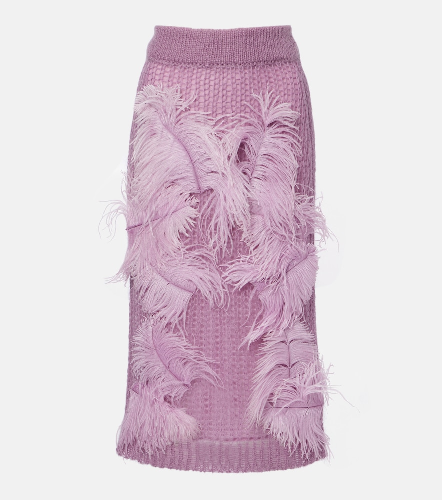 The Attico Feather-trimmed knitted midi skirt