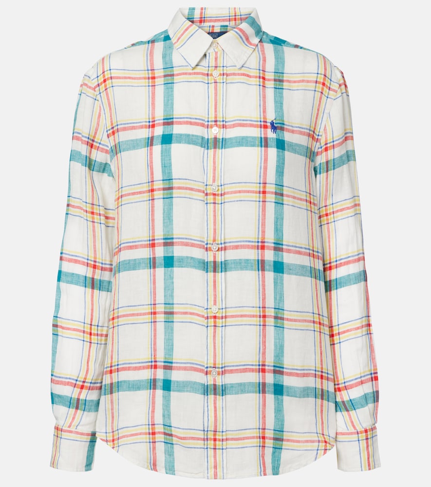 Polo Ralph Lauren Women's White Plaid Linen Shirt Uk Size 16