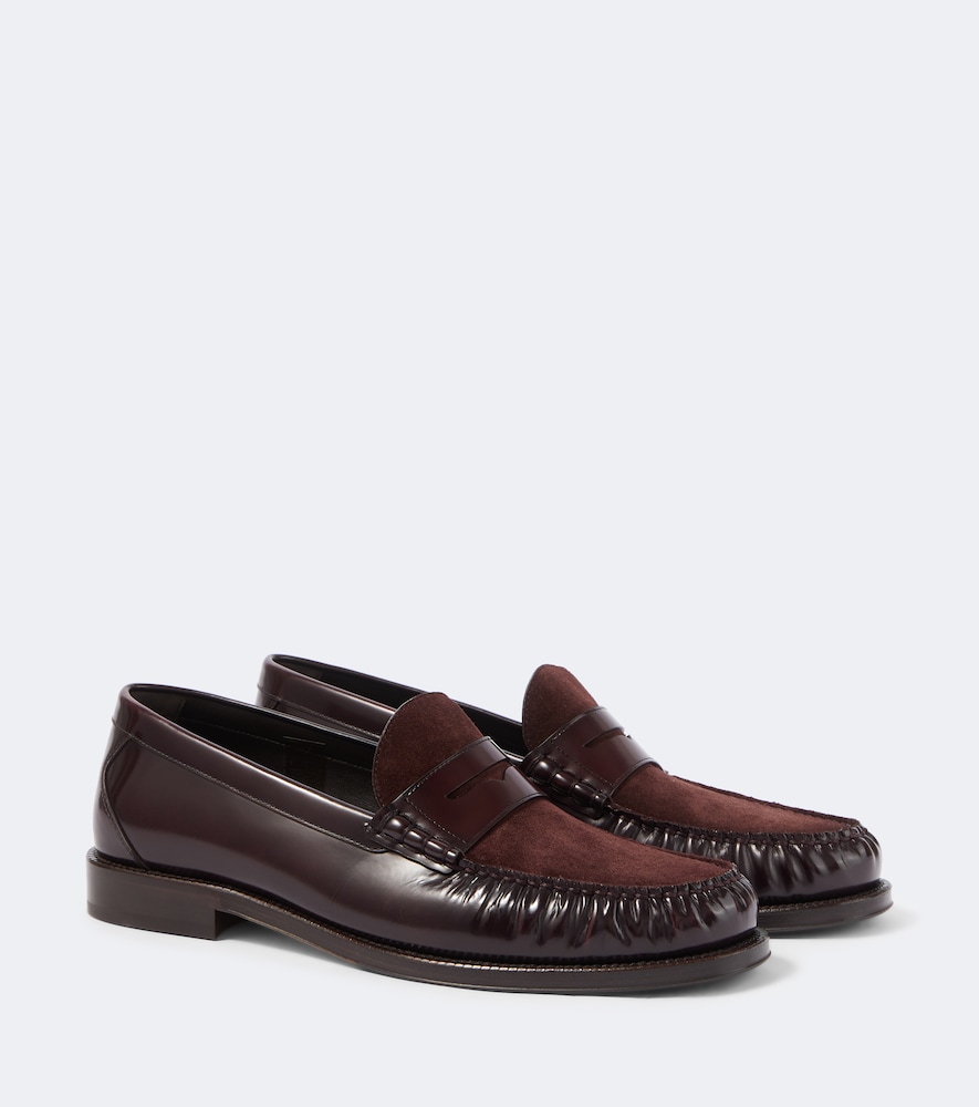 Suede-Paneled Leather Penny Loafers