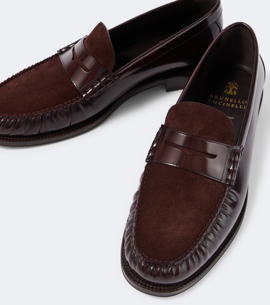 Suede-Paneled Leather Penny Loafers