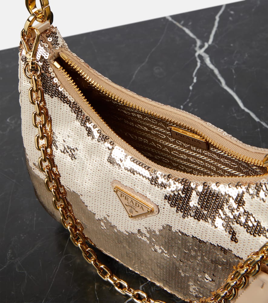 Shop Prada Sequined Re-nylon Shoulder Bag In Gold